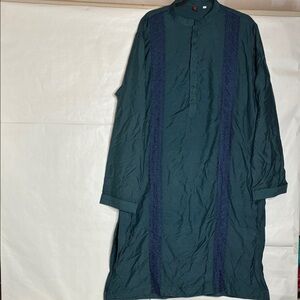 Men's Dark Green Kurta with Navy Trim